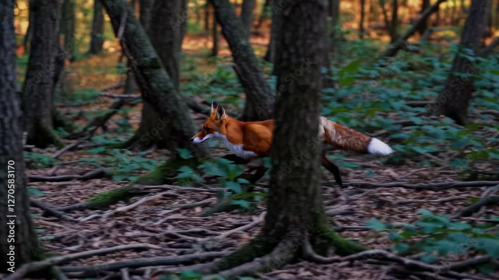 A fox in a dense forest, captured from a low-angle, showcasing a natural, serene atmosphere. The video emphasizes wildlife in its habitat. A fox in a dense forest, captured from a low-angle, showcasing a natural, serene atmosphere. The video emphasizes wildlife in its habitat.