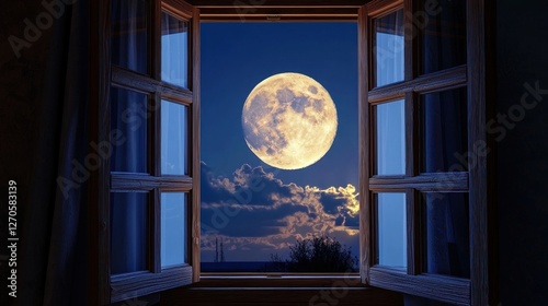 Open window frames the luminous full moon in the night