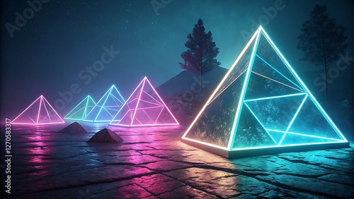 Futuristic Neon Geometric Shapes on a Dark Background with Glowing Edges visually striking and high-tech composition featuring bold, futuristic geometric shapes outlined with vibrant neon glows photo