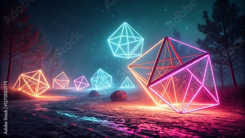 Futuristic Neon Geometric Shapes on a Dark Background with Glowing Edges visually striking and high-tech composition featuring bold, futuristic geometric shapes outlined with vibrant neon glows photo