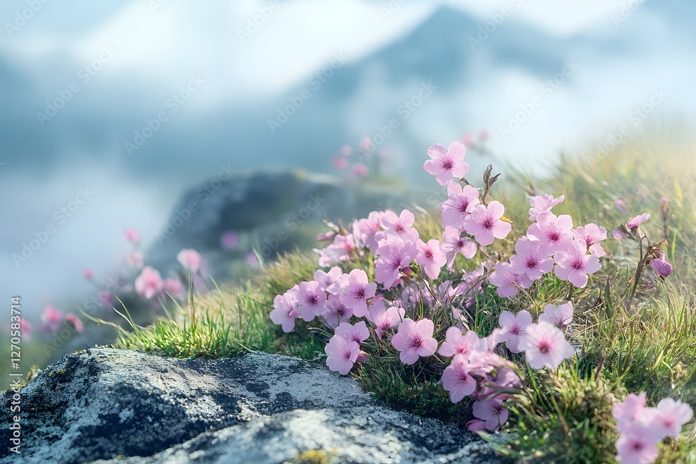 Obraz premium Pink flowers bloom on mountain, misty backdrop