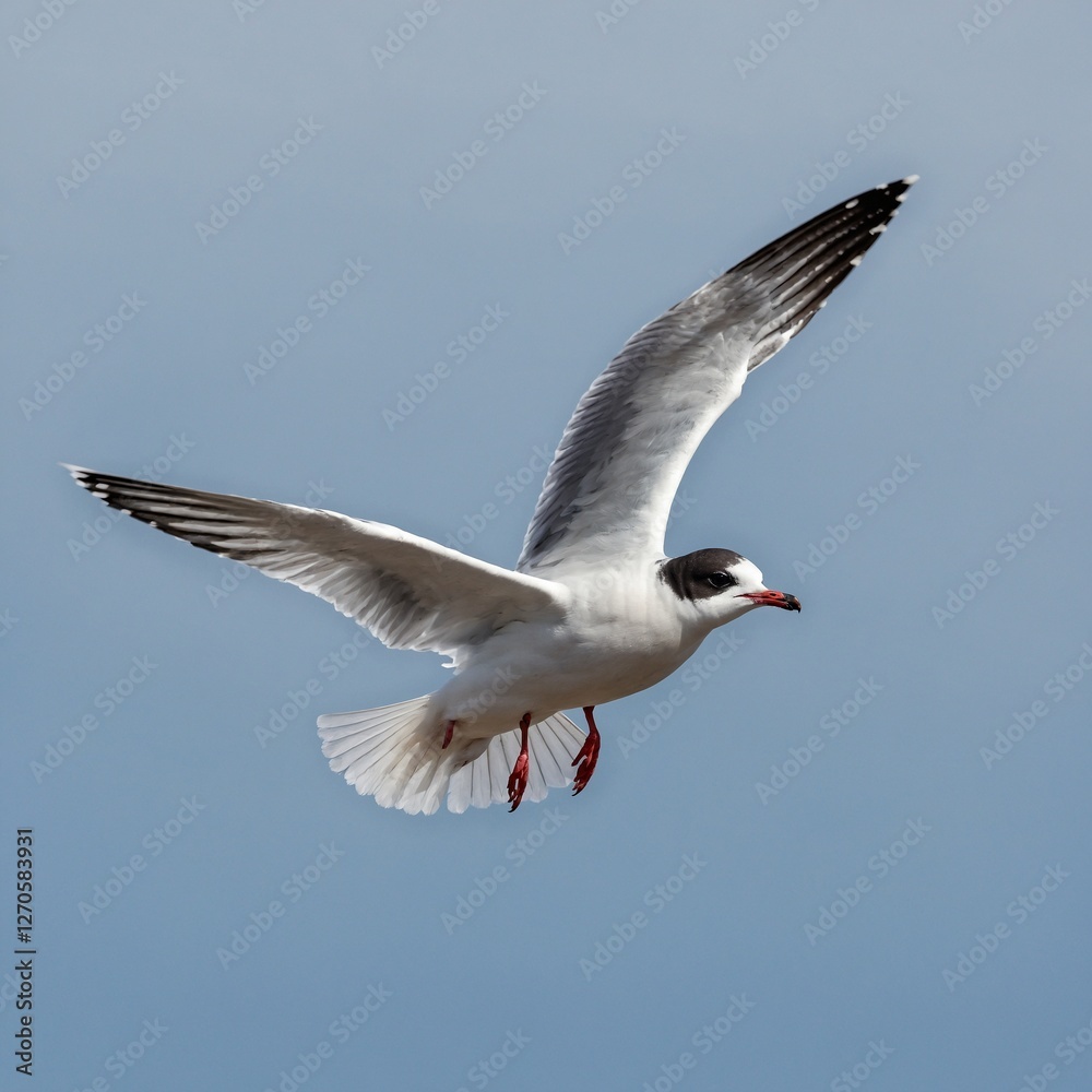 Obraz premium A little gull in mid-flight with wings fully extended, isolated on white.