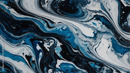 High-resolution abstract fluid marble texture with swirling black, white, and blue tones for backgrounds, prints, and digital design.