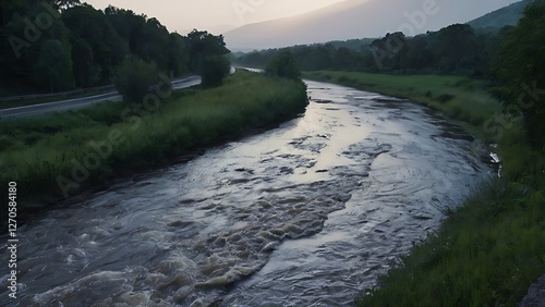 swollen river threatens nearby highway during dangerous evening flood conditions photo