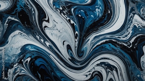 High-resolution abstract fluid marble texture with swirling black, white, and blue tones for backgrounds, prints, and digital design.