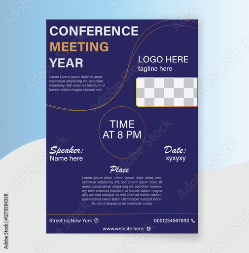 professional business conference meeting flayer design with modern blue and gold theme, featuring customizable logo, speaker information, time ,date, and event detail, perfect for corporate events.