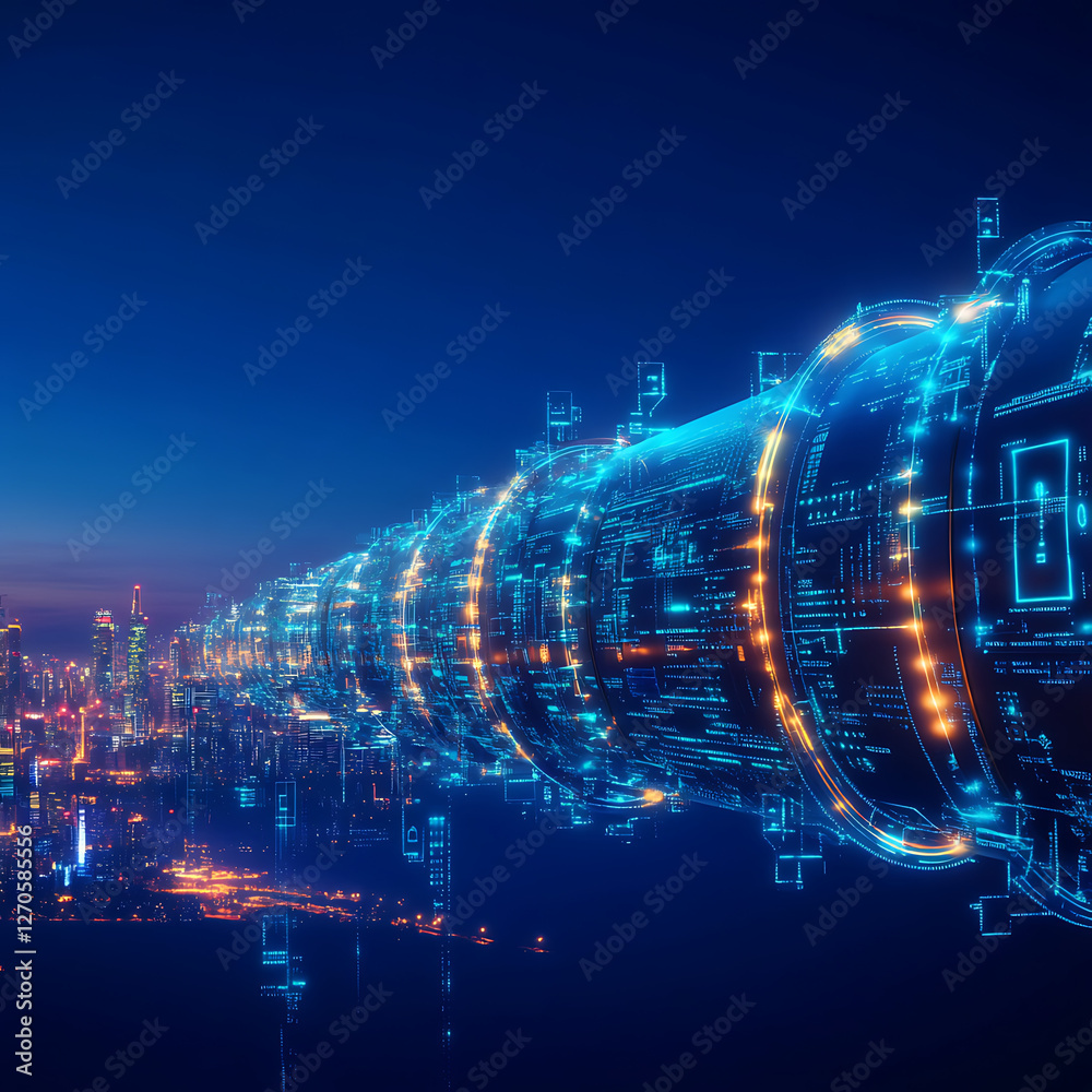Fototapeta premium Digital Data Highway Connecting Futuristic Cityscape at Night with Enhanced Connectivity