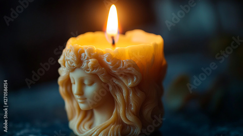 Intricate carved candle with a serene face illuminating a darkened room at night photo