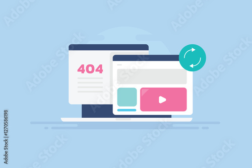 404 text on website indicates file or web page missing, fix error from server with redirect option, and refresh page concept. Internet technology.
