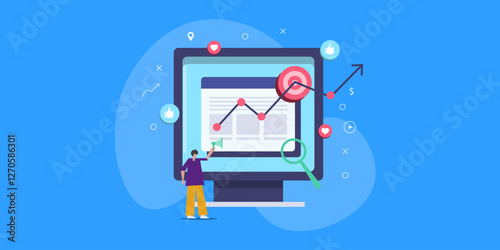 Digital marketing, growth arrow indicates web traffic and e-business revenue going upward, person holding megaphone and magnifier on website concept.