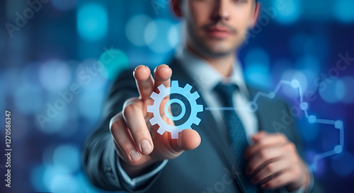  Automation of business or robotic process RPA technology. Transfer of data between application. Businessman touching gears icon on network connection. photo