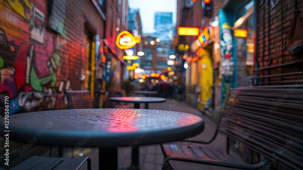 Obraz premium A graffiti-covered cafe table sits in a bustling urban alley, surrounded by colorful murals, neon signs, and striking lighting that highlights the energetic atmosphere