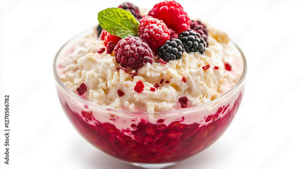 Rice pudding isolated on white background. sweet rice pudding with berries
