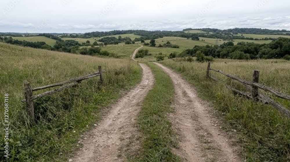 Country Road Through Lush Fields, Leading to Distant Hills. Possible Use Stock photo for travel, nature, rural landscapes Country Road Through Lush Fields, Leading to Distant Hills. Possible Use Stock photo for travel, nature, rural landscapes