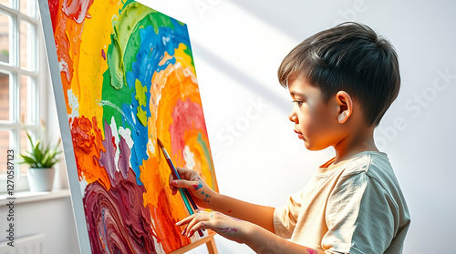 Kids paint Child painting in white sunny study room Little boy drawing rainbow School kid doing art homework Arts and crafts for kids Paint on children hands Creative little artist at : Generative AI photo