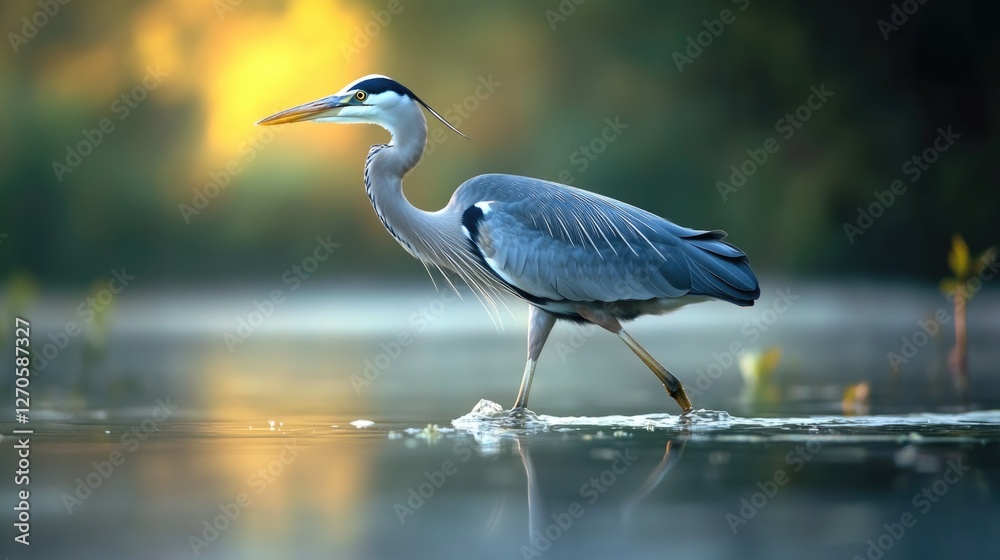 Naklejka premium A Great Blue Heron stands in shallow water, possibly wetlands or marshlands. This species is known for its long legs and neck, which it uses to hunt small fish and amphibians.