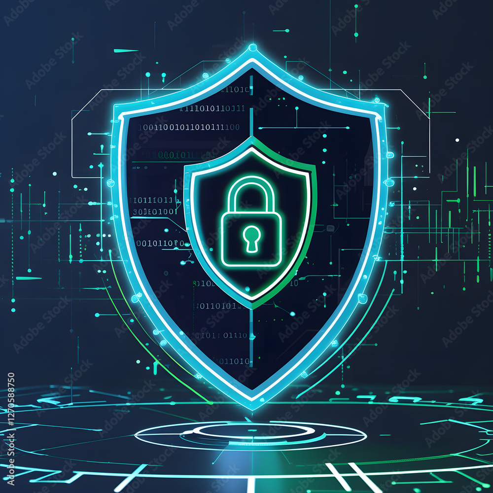 Fototapeta premium Step into the future of financial cybersecurity, where AI-driven protection meets digital encryption. This high-tech illustration features a glowing security shield with a secure lock at its center,