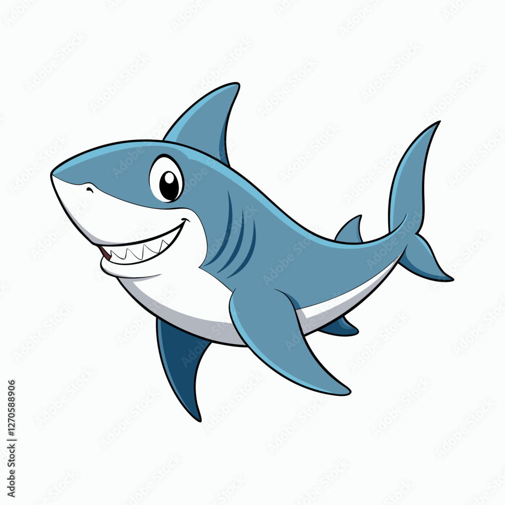 Fototapeta premium A Happy Cartoon Shark Swimming in the Ocean Depths