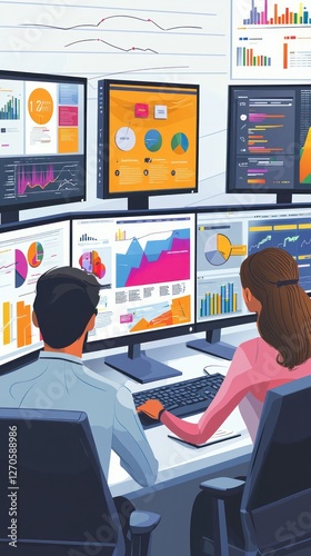 A creative marketing team designing a digital ad campaign, colorful graphics on multiple monitors.