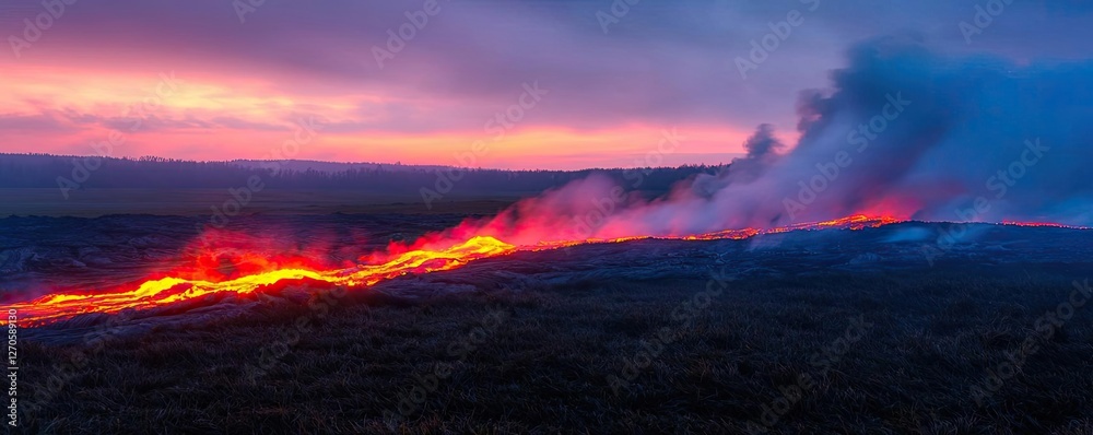 Volcanic landscapes idea. Majestic view of lava flow at sunset, showcasing nature's raw power and beauty. Volcanic landscapes idea. Majestic view of lava flow at sunset, showcasing nature's raw power and beauty.