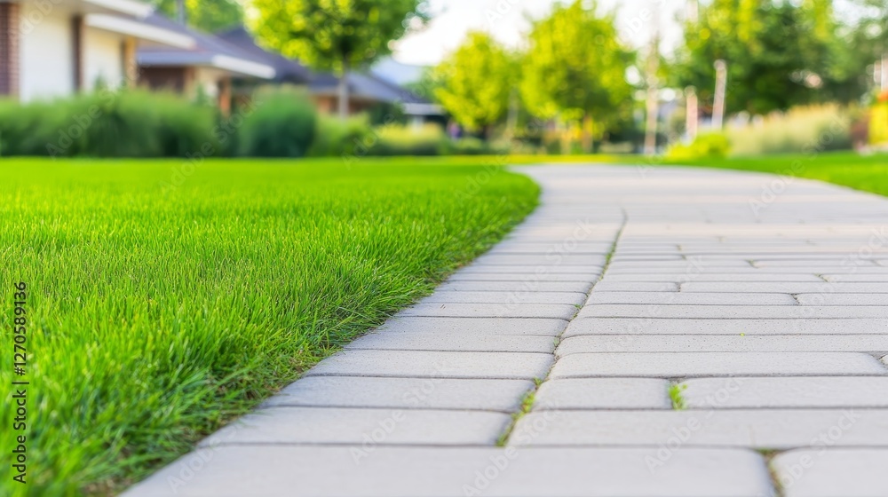 Obraz premium Serene residential pathway lined with lush green grass, leading through a peaceful neighborhood