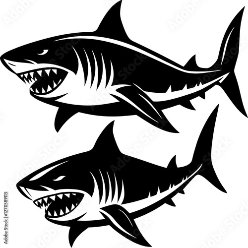 Two ferocious black and white great white sharks illustration art graphic design