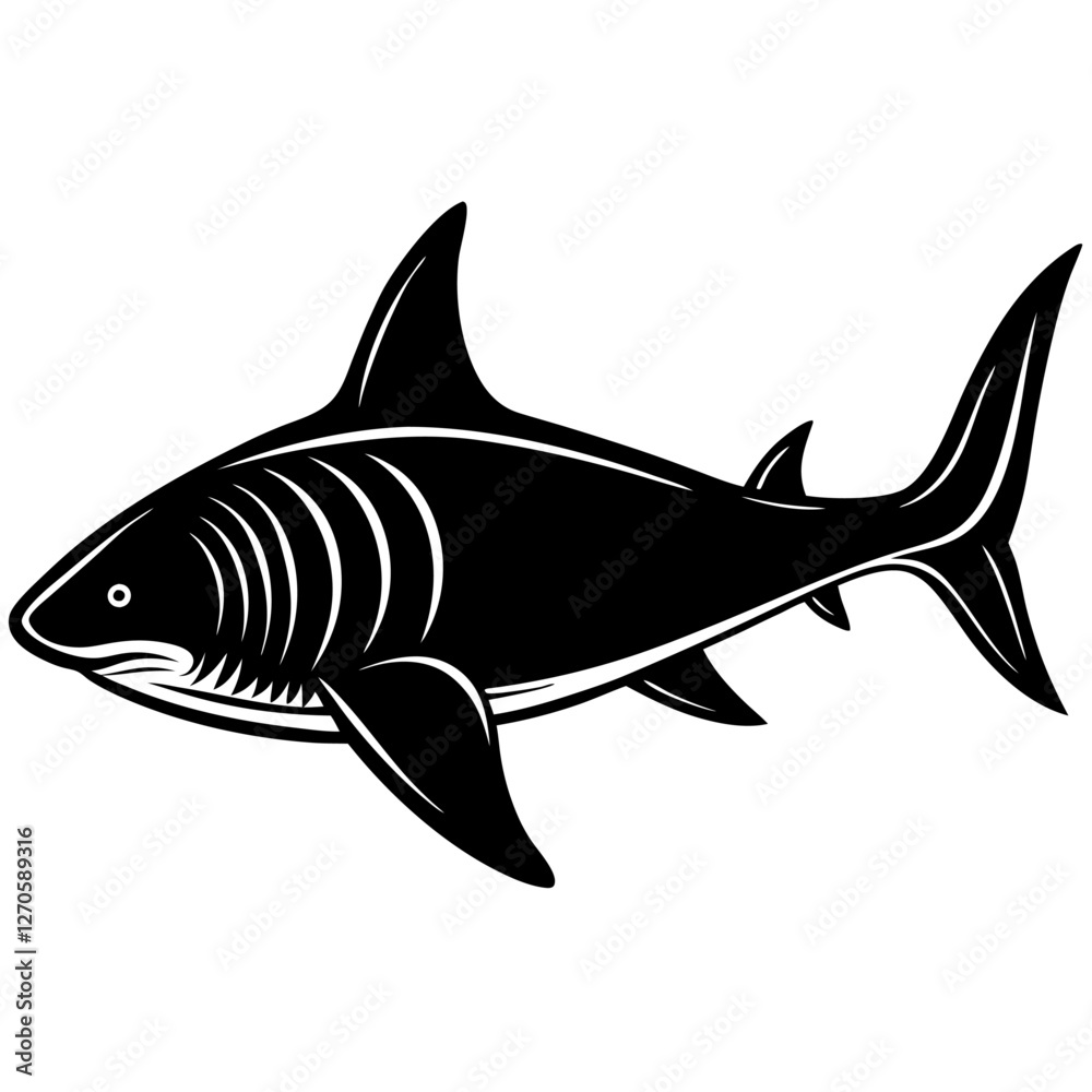 Fototapeta premium A fierce black and white illustration of a shark swimming powerfully