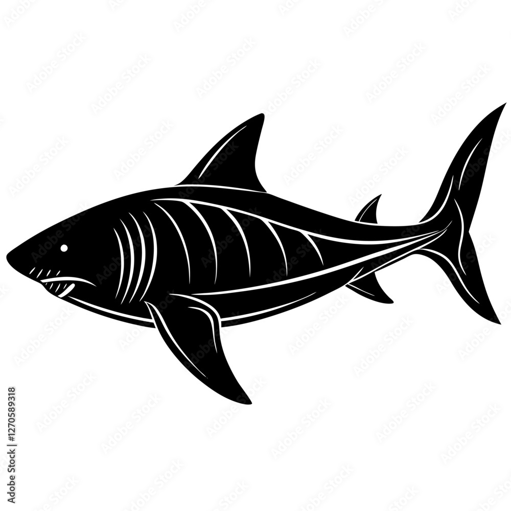 Fototapeta premium A fierce black silhouette of a great white shark swimming