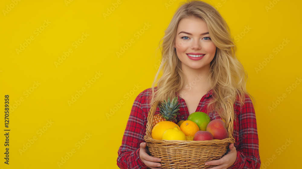 beauty farmer woman holding fruits in basket, marketing photography, happy to sell you a product, standing, smiling on solid background beauty farmer woman holding fruits in basket, marketing photography, happy to sell you a product, standing, smiling on solid background