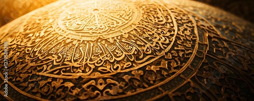 Exquisite arabic calligraphy adorning a golden dome with intricate detail