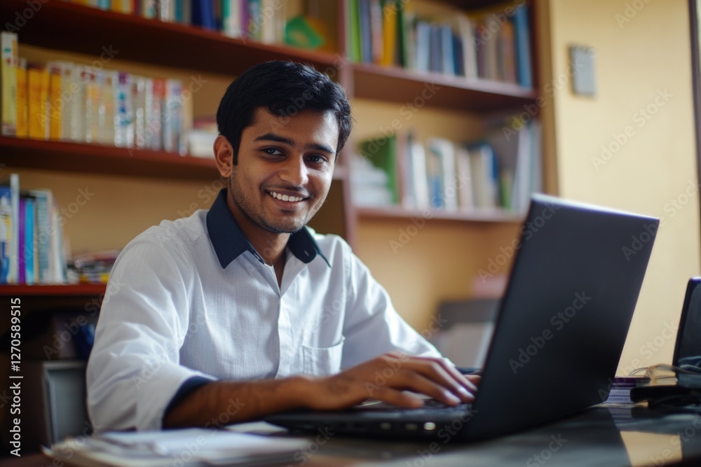 Indian male using computer, focused on work, in library or home office setting. Indian male using computer, focused on work, in library or home office setting.