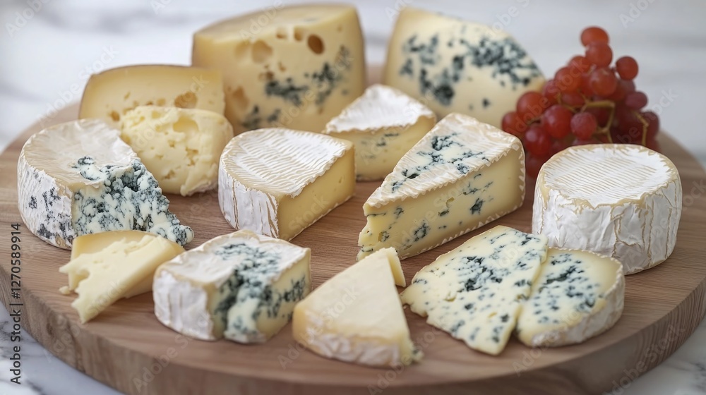 This image features a tasty assortment of cheeses, including blue varieties, arranged on a wooden platter with red grapes. This image features a tasty assortment of cheeses, including blue varieties, arranged on a wooden platter with red grapes.
