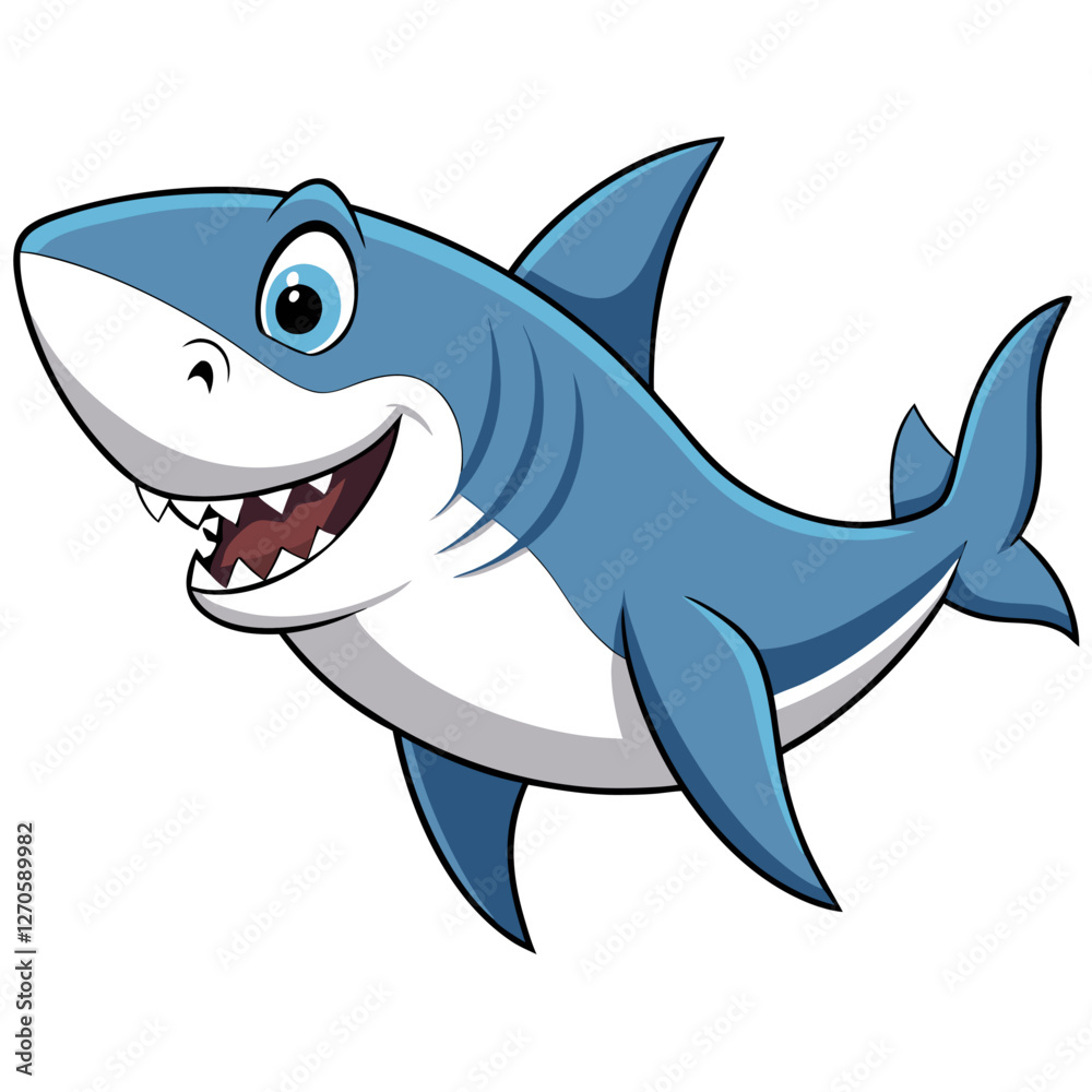 A Happy Cartoon Shark Swimming in the Ocean Depths A Happy Cartoon Shark Swimming in the Ocean Depths