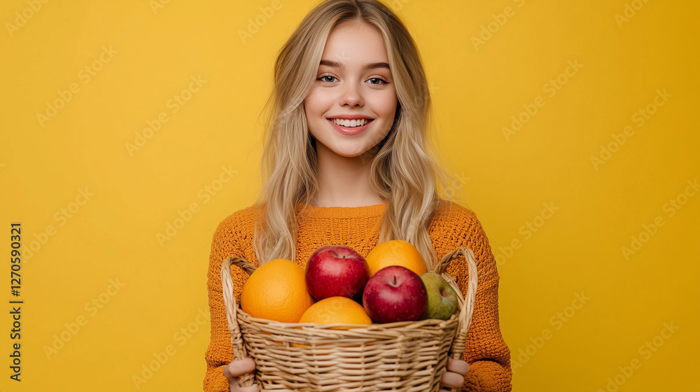 beauty farmer woman holding fruits in basket, marketing photography, happy to sell you a product, standing, smiling on solid background beauty farmer woman holding fruits in basket, marketing photography, happy to sell you a product, standing, smiling on solid background