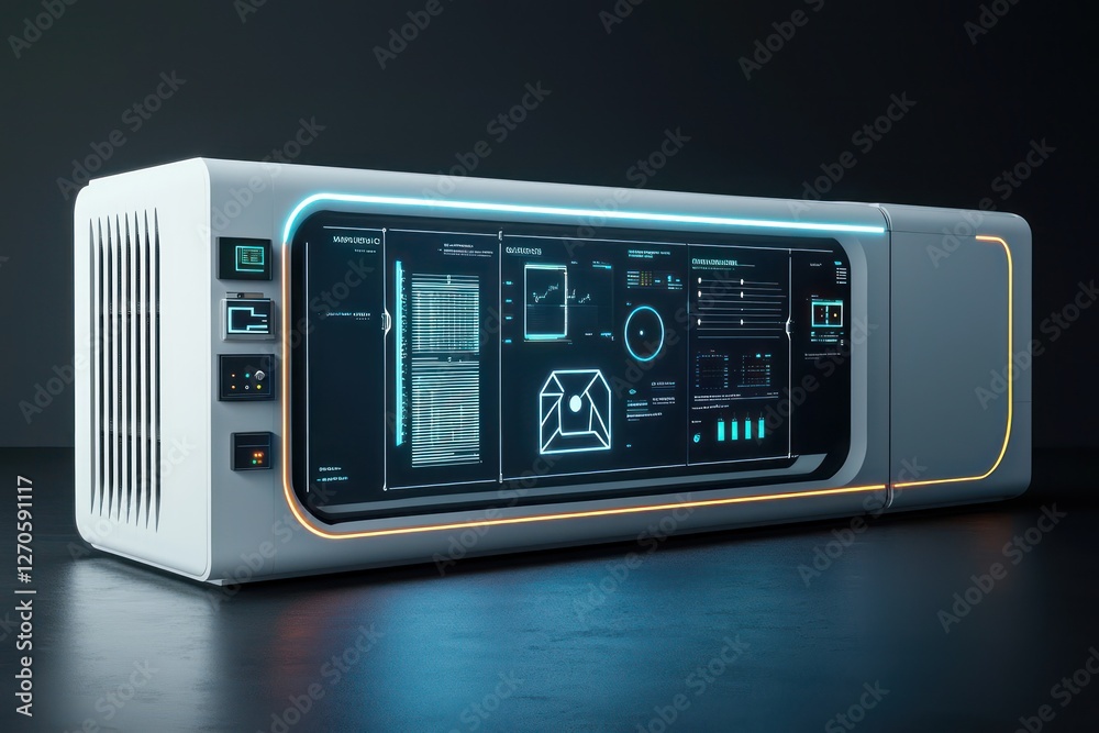 Fototapeta premium Decentralized energy storage monitored holographically in a renewable energy center.