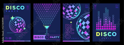 Set of retro futuristic disco party posters, covers or banners with disco ball. Fluorescent disco background. Flat design. Vector illustration