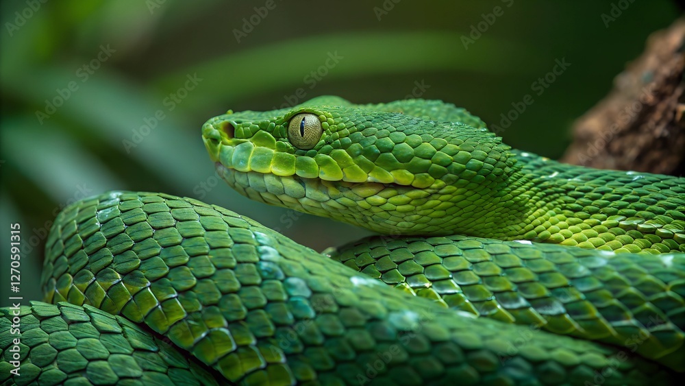 Emerald Gaze: A vibrant green snake, its scales shimmering, observes with captivating intensity. Emerald Gaze: A vibrant green snake, its scales shimmering, observes with captivating intensity.