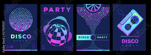 Set of retro futuristic disco party posters, covers or banners with disco ball. Fluorescent disco background. Flat design. Vector illustration