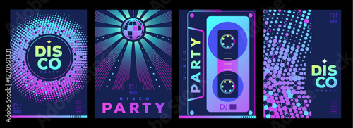 Set of retro futuristic disco party posters, covers or banners with disco ball. Fluorescent disco background. Flat design. Vector illustration
