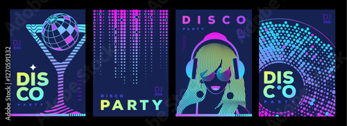 Set of retro futuristic disco party posters, covers or banners with disco ball. Fluorescent disco background. Flat design. Vector illustration