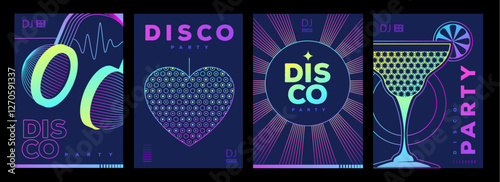Set of retro futuristic disco party posters, covers or banners with disco ball. Fluorescent disco background. Flat design. Vector illustration