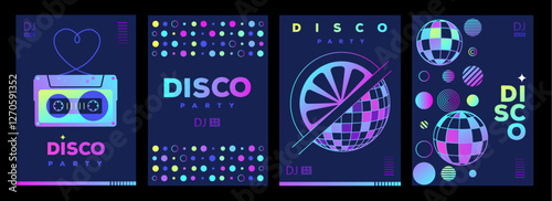 Set of retro futuristic disco party posters, covers or banners with disco ball. Fluorescent disco background. Flat design. Vector illustration