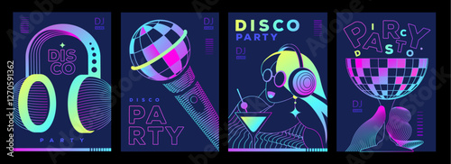 Set of retro futuristic disco party posters, covers or banners with disco ball. Fluorescent disco background. Flat design. Vector illustration