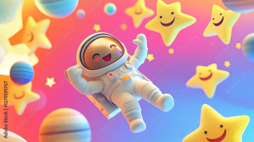 Fototapeta premium Happy Astronaut Surrounded by Colorful Stars and Planets in Space