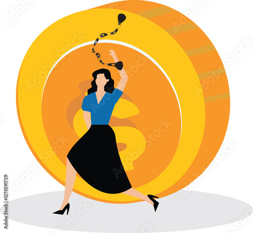 A squatting businesswoman with his hands cuffed with large gold coins tries to restrain him. Illustration for gold handcuffs, exclusive contract, binding workers