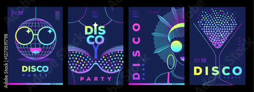Set of retro futuristic disco party posters, covers or banners with disco ball. Fluorescent disco background. Flat design. Vector illustration