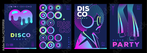 Set of retro futuristic disco party posters, covers or banners with disco ball. Fluorescent disco background. Flat design. Vector illustration