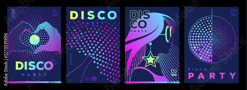 Set of retro futuristic disco party posters, covers or banners with disco ball. Fluorescent disco background. Flat design. Vector illustration