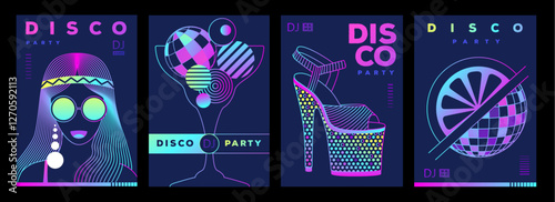 Set of retro futuristic disco party posters, covers or banners with disco ball. Fluorescent disco background. Flat design. Vector illustration