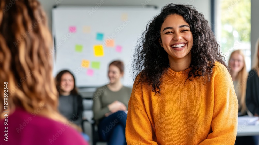 Obraz premium A diverse group of colleagues enjoys an informal brainstorming session filled with laughter and creativity in a well-lit office space, with vibrant notes on a whiteboard